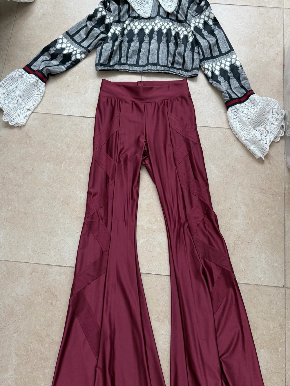 Women's High-Waist Burgundy Flared Pants and top long sleeve